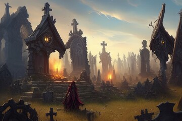 Naklejka premium Fantasy Graveyard with Skeletons - Concept Art