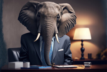 Fototapeta Portrait of elephant in a business suit, at the office, generative ai obraz