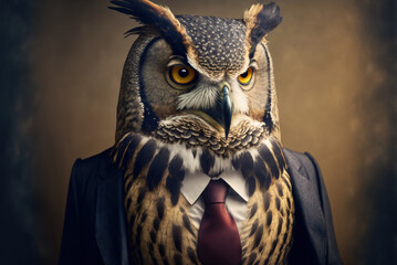 Portrait of owl in a business suit, at the office, generative ai
