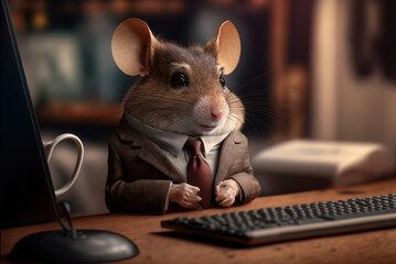 Portrait of mouse in a business suit, at the office, generative ai