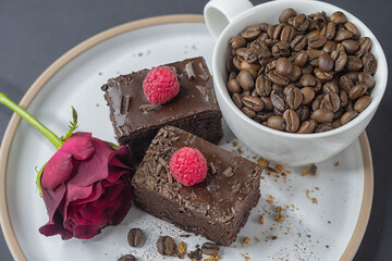cup of coffee and chocolate cake, brownie