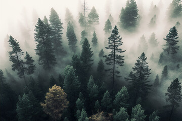 Forest landscape view from above, foggy forest. AI