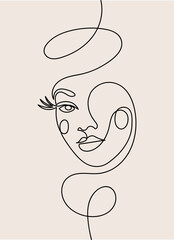 Abstract portrait of a female face. Minimalist sketch with one line. A continuous line of art. Black and white minimal vector illustration for cosmetics, beauty salon. Poster, teeprint, wall art.