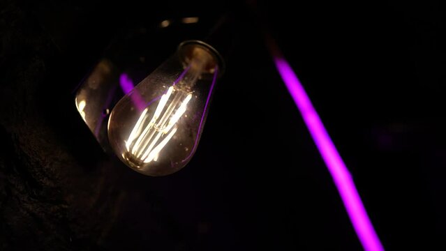 Vintage retro light bulb. Electric glass light bulb close-up in the dark. Concept: insight, light, electricity, electric bills, crisis, renewable energy