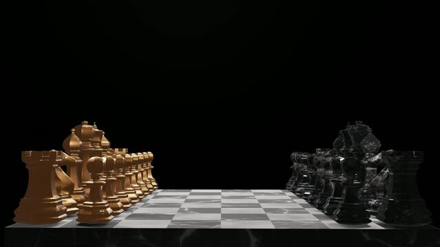 Chess game. Set of chess pieces on a chessboard. Concept of first move. 4K video animation 3d render.