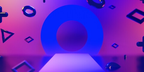 gaming background abstract wallpaper, cyberpunk style scifi game, stage scene in pedestal display room, 3d illustration rendering