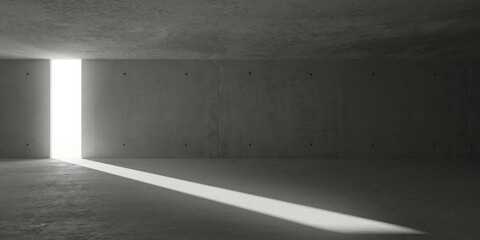 Abstract large, empty, modern concrete room, light from door opening in back wall and rough floor - industrial interior background template