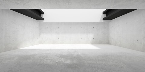 Abstract empty, modern concrete room with ceiling opening, black iron beams left and right and rough floor - industrial interior background template