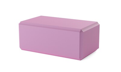 Single, pink foam yoga or pilates block laying on white background