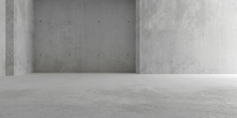Abstract large, empty, modern concrete room, indirect light from right side and concrete rough floor - industrial interior background template