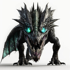 Gigantic black dragon with flurescent turqoise eyes walking towards the camera. Designed using generative ai.
