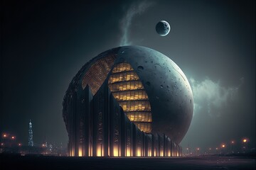 Futuristic oriental architecture, urban night landscape, neon light, round buildings, big moon, night lights. AI