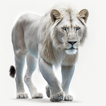 Portrait of white lion with turqoise eyes. Designed using generative ai