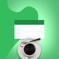Un café con un fondo verde con cuadro de texto para completar