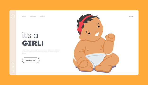 Cute Innocent Infant Girl Landing Page Template. Newborn Asian Baby Character Wear Diaper and Red Bow on Head