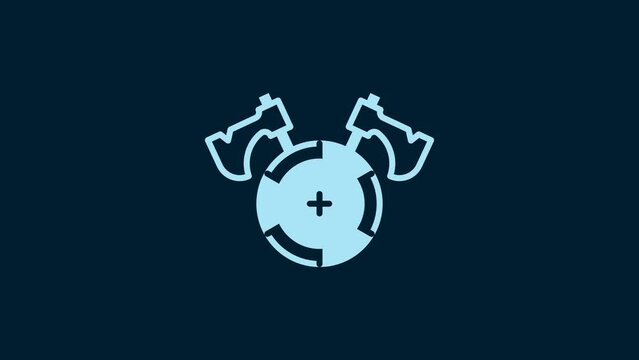 White Medieval shield with crossed axes icon isolated on blue background. Battle axe, executioner axe. 4K Video motion graphic animation