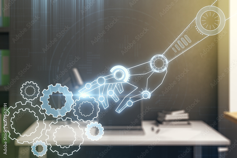 Aufkleber Double exposure of robotics technology hologram and modern desktop with laptop on background. Research and development software concept