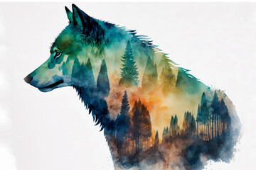 Doppelbelichtung von einem Wolf und seinen lebensraum den Wald isoliert auf weißen Hintergrund mit Platzhalter