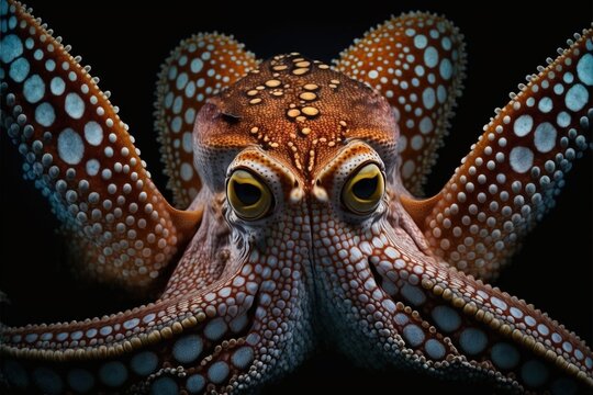  a close up of an octopus with its eyes open and a black background with a black background and a white border with a blue border and white border with a black border with a white. Generative AI