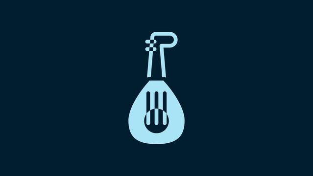 White Musical instrument lute icon isolated on blue background. Arabic, Oriental, Greek music instrument. 4K Video motion graphic animation
