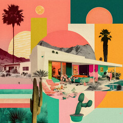 Retro collage, Miami palms and house style illustration, granular texture Generative AI