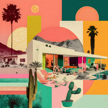 Retro collage, Miami palms and house style illustration, granular texture