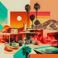 Obraz premium Retro collage, Miami palms and house style illustration, granular texture Generative AI