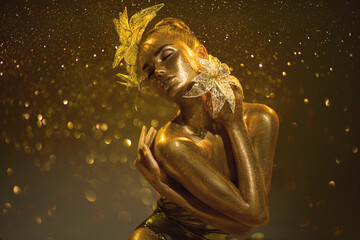 High Fashion gold model woman with bright golden sparkles on skin, fantasy flower, portrait of beautiful girl glowing make-up. Art design gold dust sequins make up. Glitter glowing skin, jewellery 