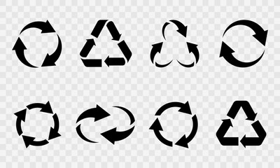 Set of black recycling symbols on transparent background. Reusable sign. Movement arrows. Save earth from garbage.