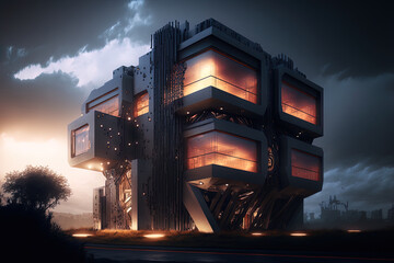 Futuristic sci-fi space architecture platform in the galaxy, neon light, flares. Experimental space architecture. AI