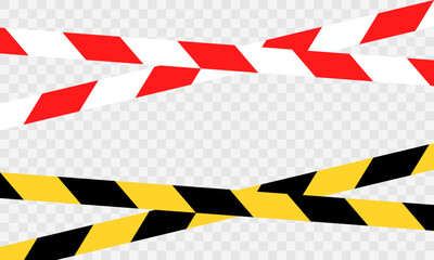 Set of crime tape on transparent background. Red-white and yellow-black warning cross ribbon. Hazard zone. Construction area.