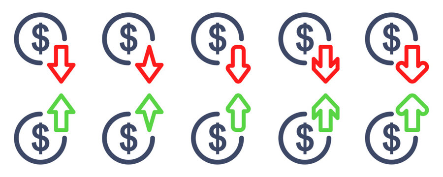 Set of money arrows up and down. Symbol dollar with arrows. Increase and decrease profit. Drop or loss economy. Vector icons set.