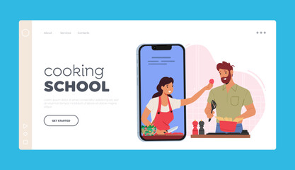Online Cooking School Landing Page Template. Male Character Use Internet for Preparing Food. Man Watch Video Tutorial