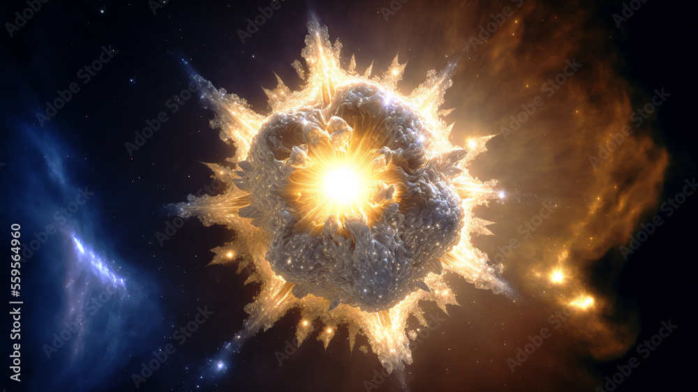 Poster View of the birth of a star in space during a nebula explosion. Nuclear fusion of cosmic clouds of gas and dusts. Universe background. Generative ai