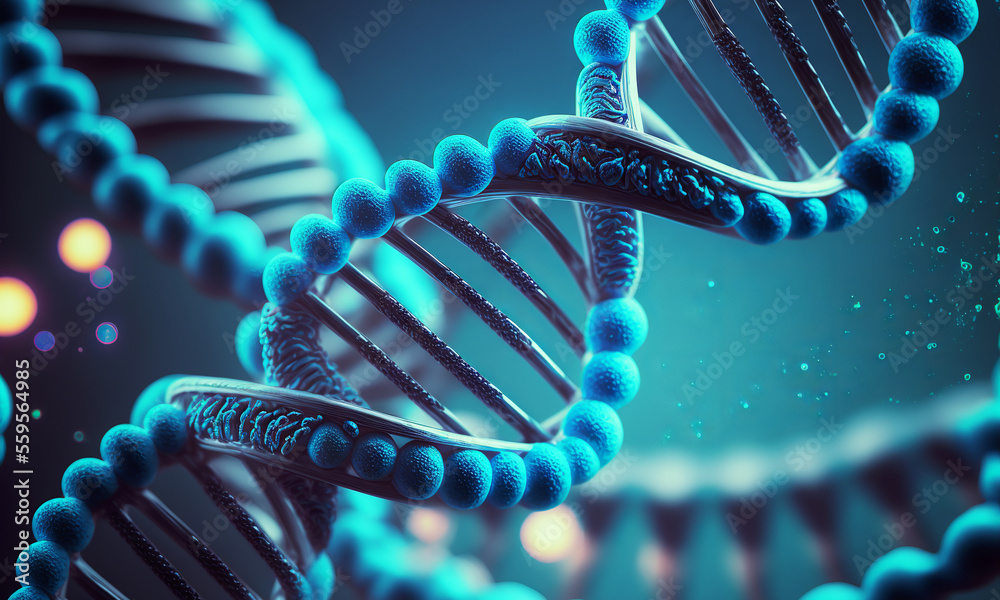 Aufkleber Concept of the evolution of human DNA in the distant future. View under the microscope. Blue helix background close-up. Generative ai