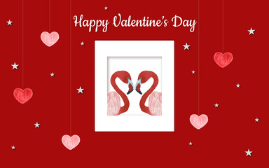 Happy Valentine's Day greeting cards with watercolor elements. Trendy abstract art templates with flamingos, hearts and stars on a red. Suitable for social media posts, prints, banners and more.