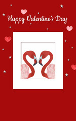 Happy Valentine's Day greeting cards with watercolor elements. Trendy abstract art templates with flamingos, hearts and stars on a red. Suitable for social media posts, prints, banners and more.