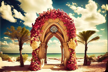 Tropical Beach Wedding Altar - Exotic floral wedding altar on sandy tropical beach. Island getaway destination wedding with 3D shading by generative AI - obrazy, fototapety, plakaty