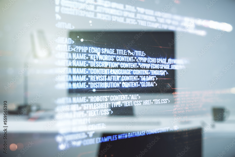 Poster abstract creative coding illustration on modern computer background, software development concept. m