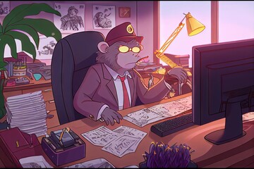 A Chimpanzee wearing a suit and hat sitting at a desk working his remote job on the laptop. There's no monkeying around in this generative AI image with a modern artistic style