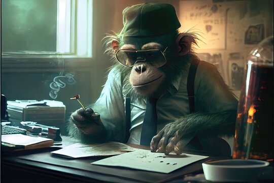 A Chimpanzee wearing a suit and hat sitting at a desk working his remote job on the laptop. There's no monkeying around in this generative AI image with a modern artistic style