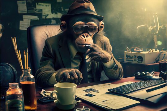 A Chimpanzee wearing a suit and hat sitting at a desk working his remote job on the laptop. There's no monkeying around in this generative AI image with a modern artistic style