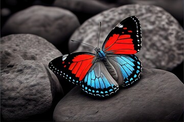 Fototapeta na wymiar Selective color image of a bright and vibrant butterfly on grayscale background. Natural beauty made to look like photorealistic nature photo. Generative AI