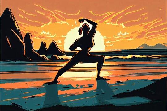Yoga on the Beach During Sunset - 2D cel animation style drawing of a woman practicing yoga on the beach during sunset. Generative AI image with bright, colorful landscape and vibrant sky