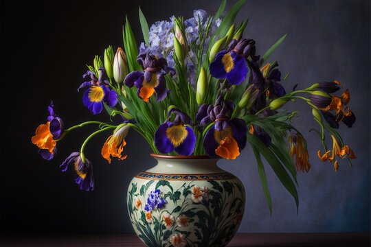  a vase with flowers in it on a table next to a wall and a black background with a blue and white vase with flowers in it and a green border with orange and purple flowers. Generative AI