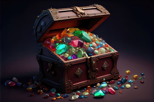 An overflowing treasure chest filled with gold coins -- antique-looking  treasure chest with ornate, intricate details. Overflowing with riches.  Generative AI with 3D shading Stock Illustration