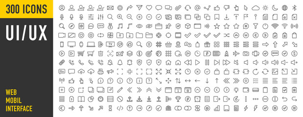 Set of 300 Interface ui, ux web icons in line style. User, profile, message, mobile app, document file, social media, button, home, chat, arrow, collection. Vector illustration. - obrazy, fototapety, plakaty