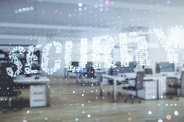 Virtual cyber security creative concept on a modern furnished office background. Double exposure