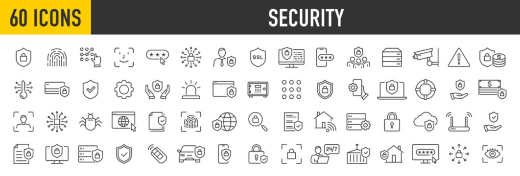 Set of 60 Security web icons in line style. Guard, cyber security, password, smart home, safety, data protection, key, shield, lock, unlock, eye access. Vector illustration.