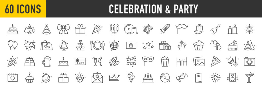 Set of 60 Celebration and Party web icons in line style. Birthday, dancing, happy new year, christmas, event, holidays, congrats, music, carnival, collection. Vector illustration.